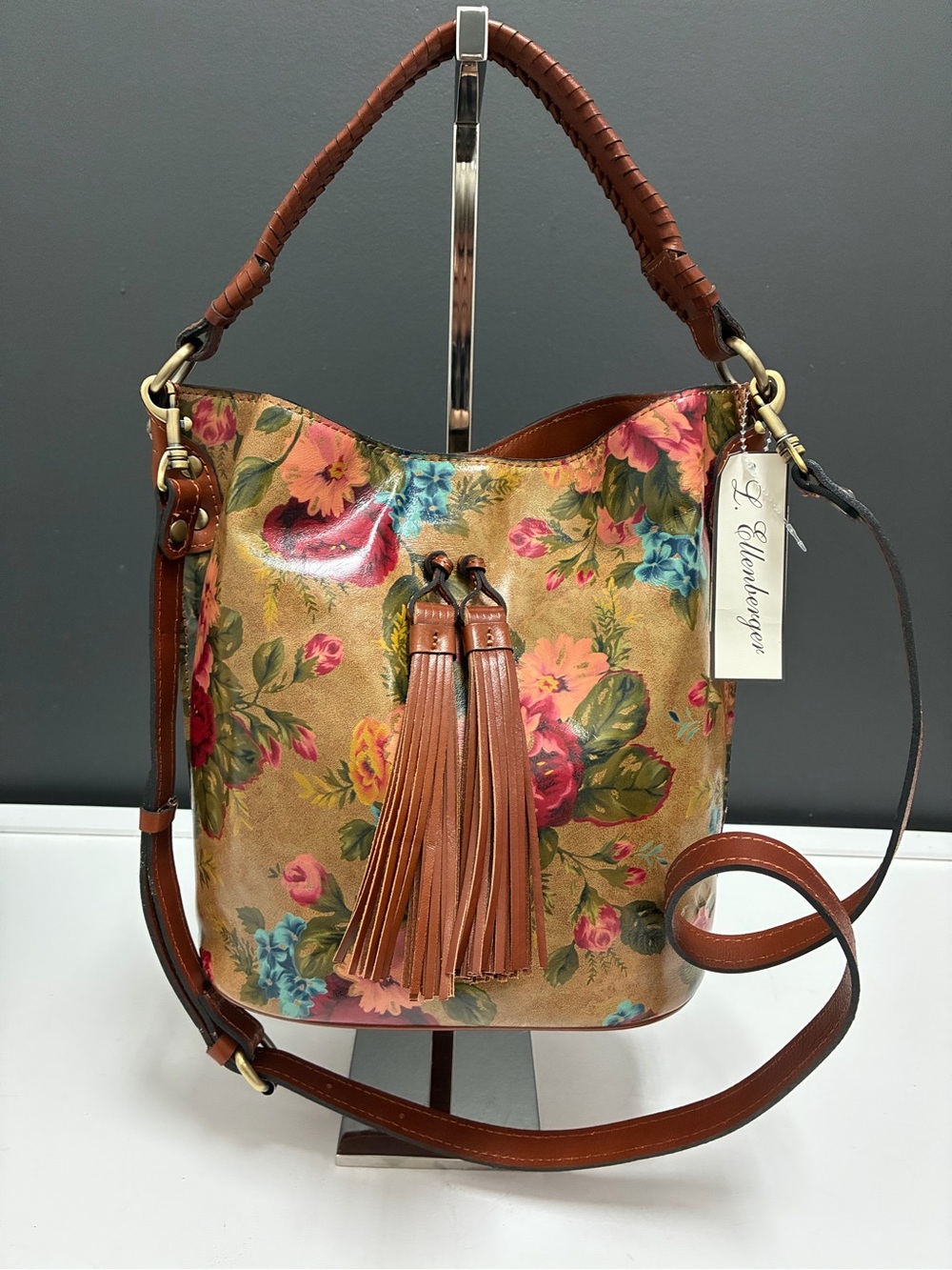 Patricia Nash Floral  Leather Bucket Bag with Tassel